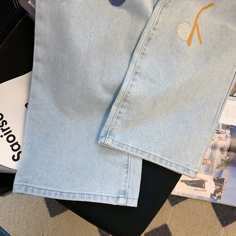 Quần Jean Dài Lưng Cao Ống Suông Thêu Hoa Thời Trang 2022 Cho Nữ