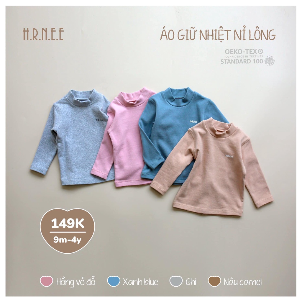 Áo giữ nhiệt cổ 3p Hrnee nỉ lông cho bé trai bé gái Size 12M-4Y