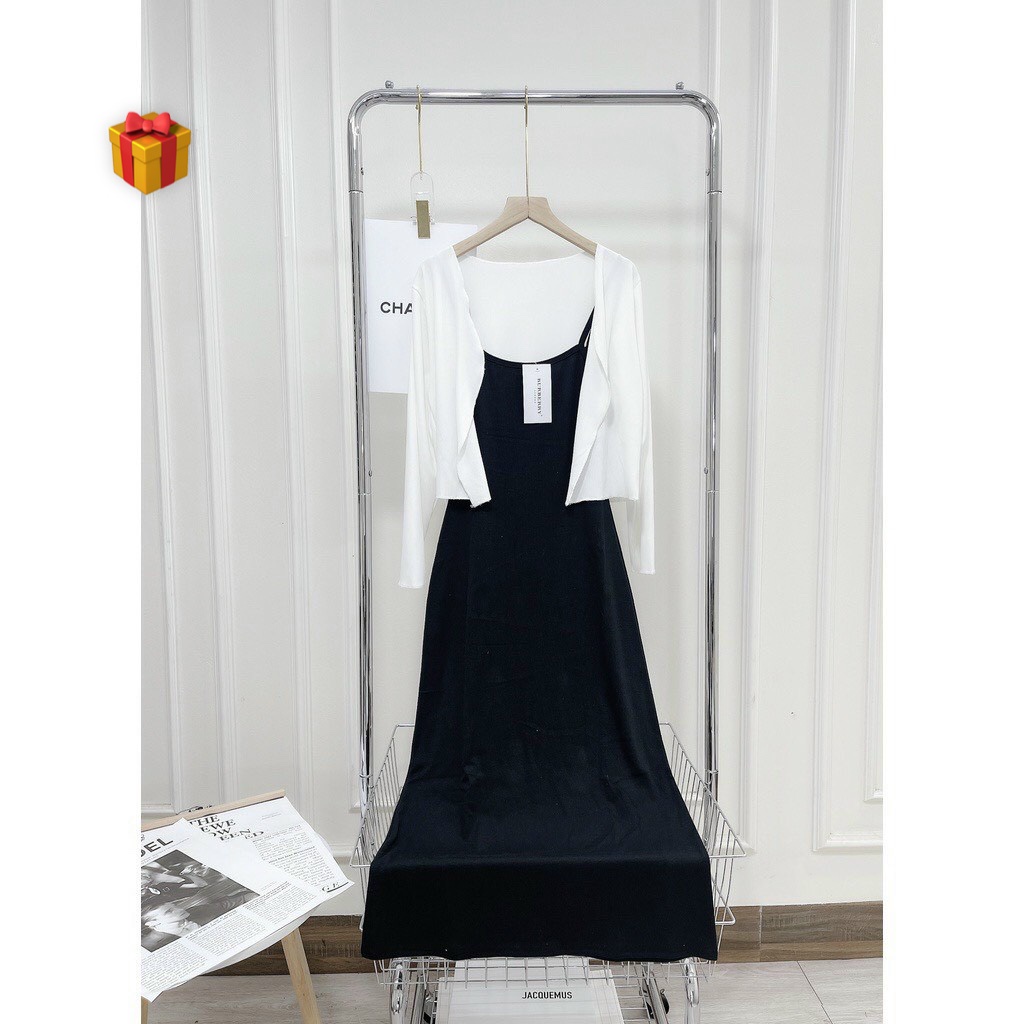 Sét đầm 2 dây dáng dài xòe trơn kèm áo khoác ngoài nhẹ cực hot , chất thun gân mềm mát