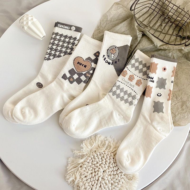 Tất Vớ Nữ Cổ Cao Loại Dày Cotton Mịn Hình khối Phong Cách Nhật Bản - Mã D2R13