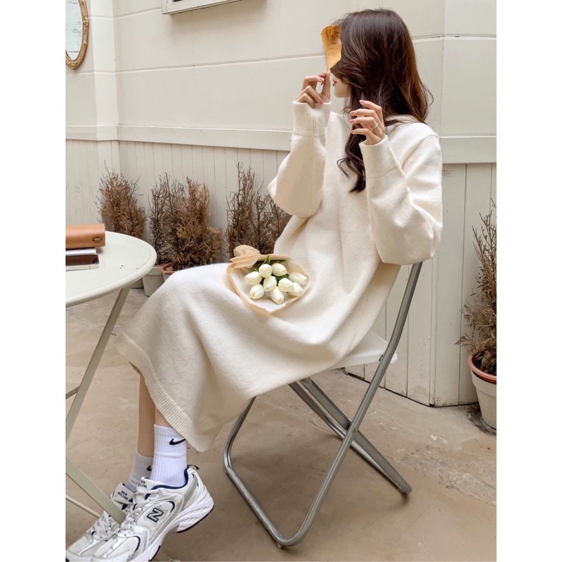 Váy len dệt kim dáng suông dài thu đông