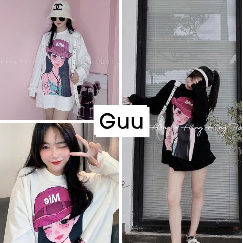Áo nỉ sweater nữ cổ tròn in hình cô gái MIE  Áo form rộng tay dài phong cách unisex GUU