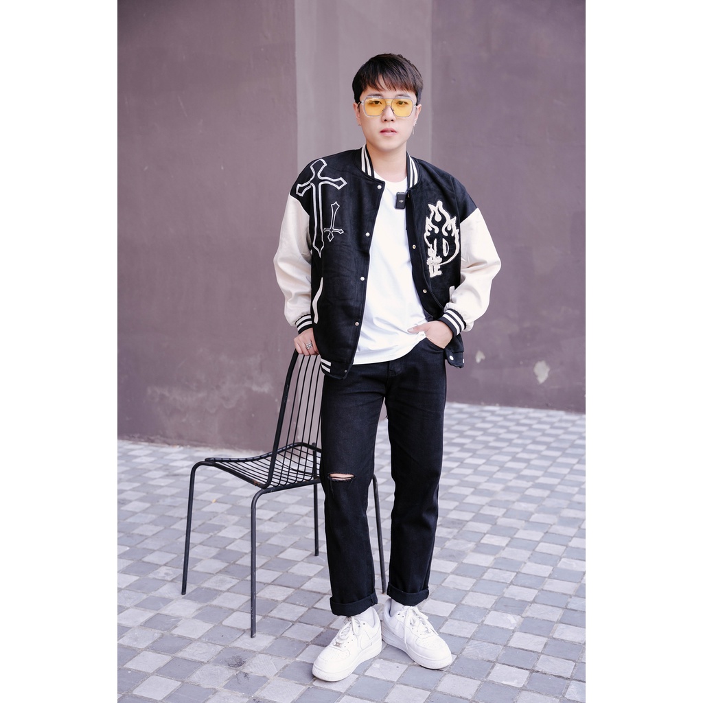 Áo khoác Bomber Maltrik, áo khoác jacket Campblue hình lửa phối tay trắng chất liệu nỉ bông cao cấp