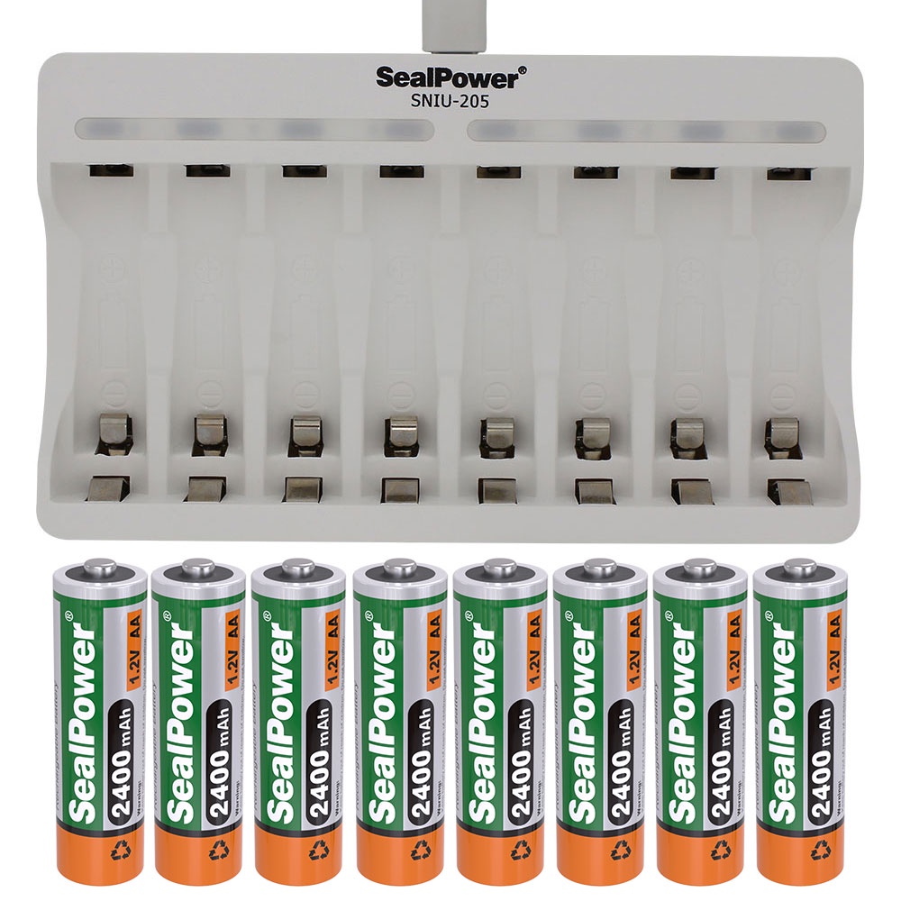 Máy sạc SealPower SNIU-205 kèm pin sạc AA 2400mAh / AAA 1000mAh,2A/3A , sạc 8 kênh đa năng có đèn báo(chính hãn