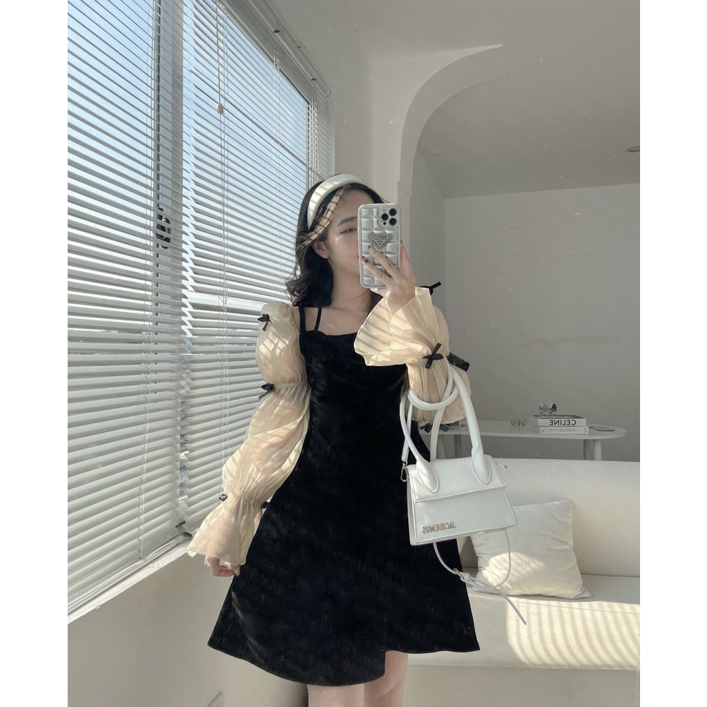 Đầm Váy Nhung 2 Dây Phối Tay Trắng Kết Nơ
