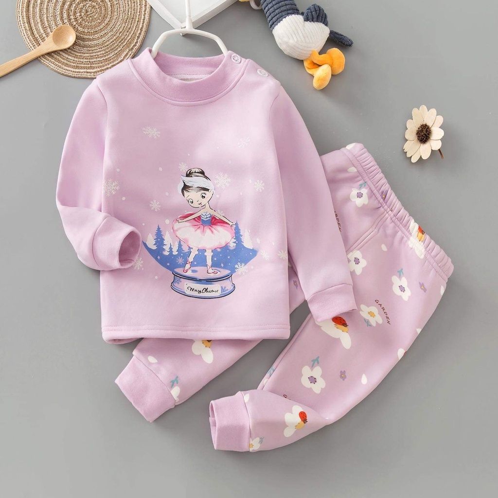 (QiQi 8-16kg) Bộ quần áo trẻ em - Bộ nỉ lót lông nhung quảng châu xuất Hàn cao cấp cho bé gái 1-4t