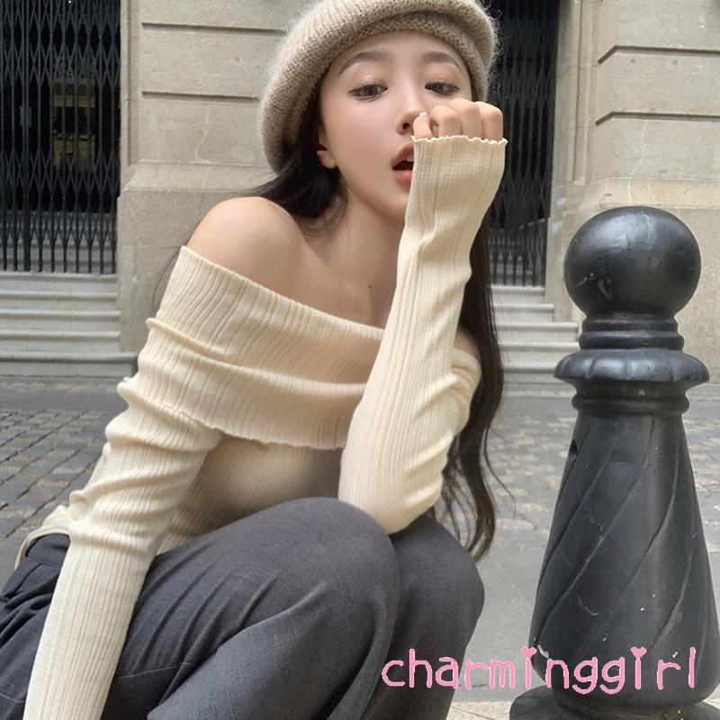 Áo Dệt Kim Dài Tay Trễ Vai Màu Sắc Đơn Giản Cho Nữ