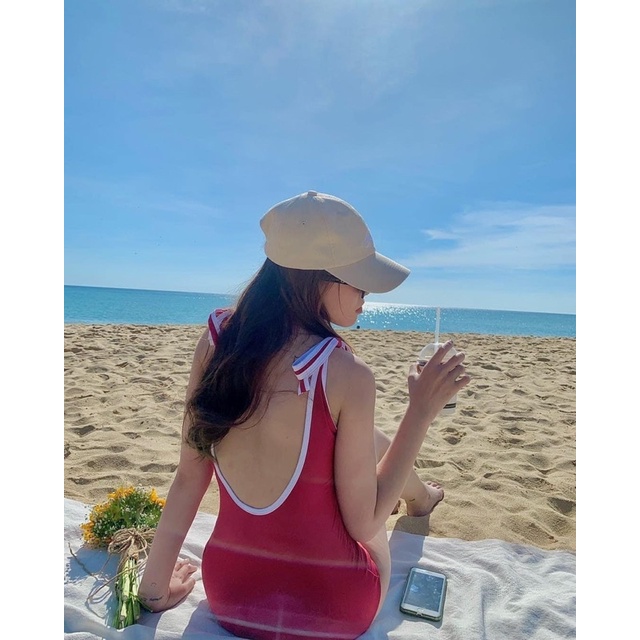 Đồ bơi- bikini liền viền nơ trắng vai