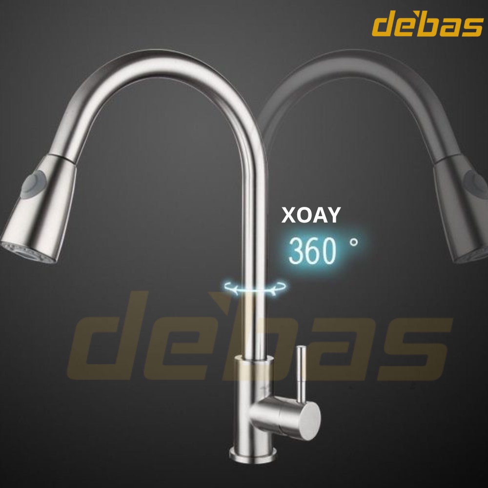 Vòi rửa chén bát dây rút inox 304 hàng đúc nặng cao cấp tặng dây cấp inox nóng lạnh Debas V7212 INOX