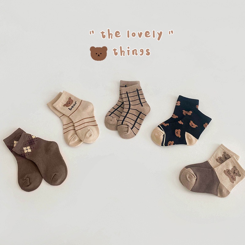 Set 5 đôi tất cho bé trai bé gái họa tiết gấu nâu phong cách hàn