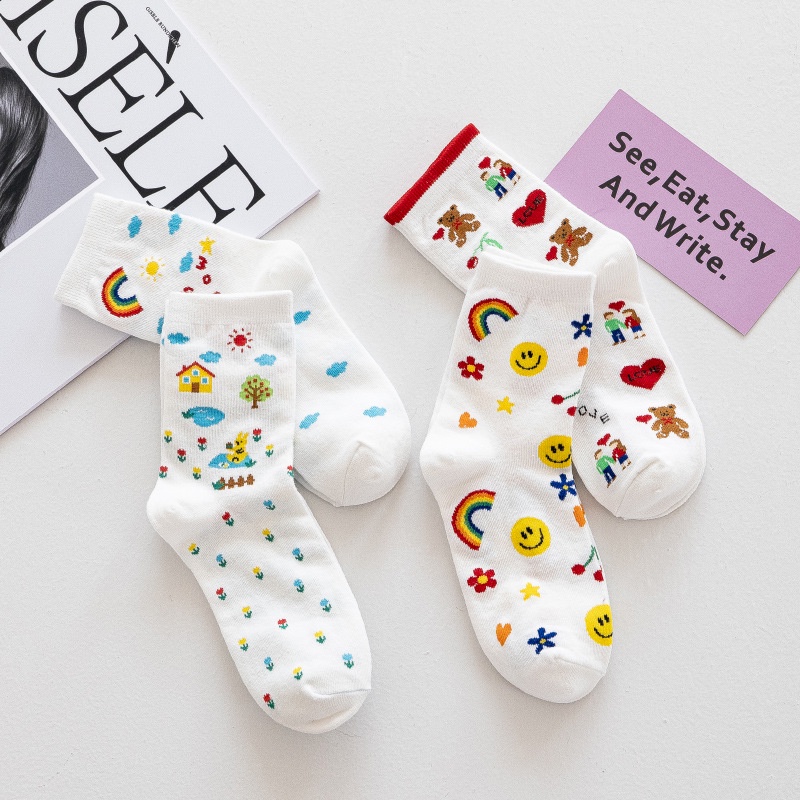 Đôi vớ WAFNHA D602 bằng cotton mềm mại cổ trung họa tiết hoạt hình dễ thương xinh xắn