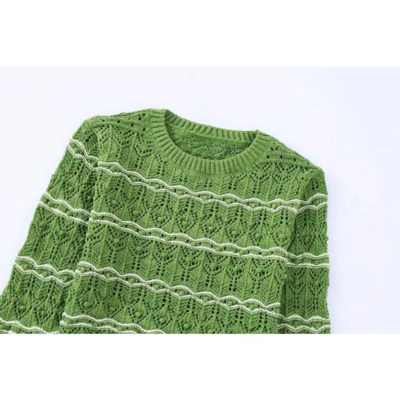 Made in Morocco - Áo Zara len croptop tay dài màu xanh lá sọc trắng YO50