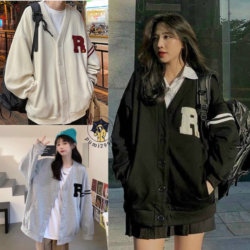 Áo Khoác Cardigan Nỉ Nam Nữ Phối Chữ R Bo Sọc Tay Độc đáo, Form Rộng Unisex Thu Đông.