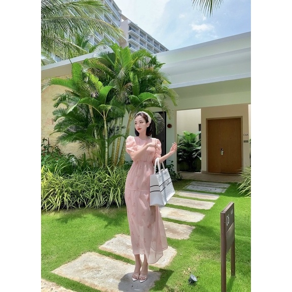 Đầm voan hoa babydoll xoè dài tay bo dây lưng Đầm váy đi chơi dạo phố du lịch đi biển đi Đà Lạt dễ thương cute xinh xắn