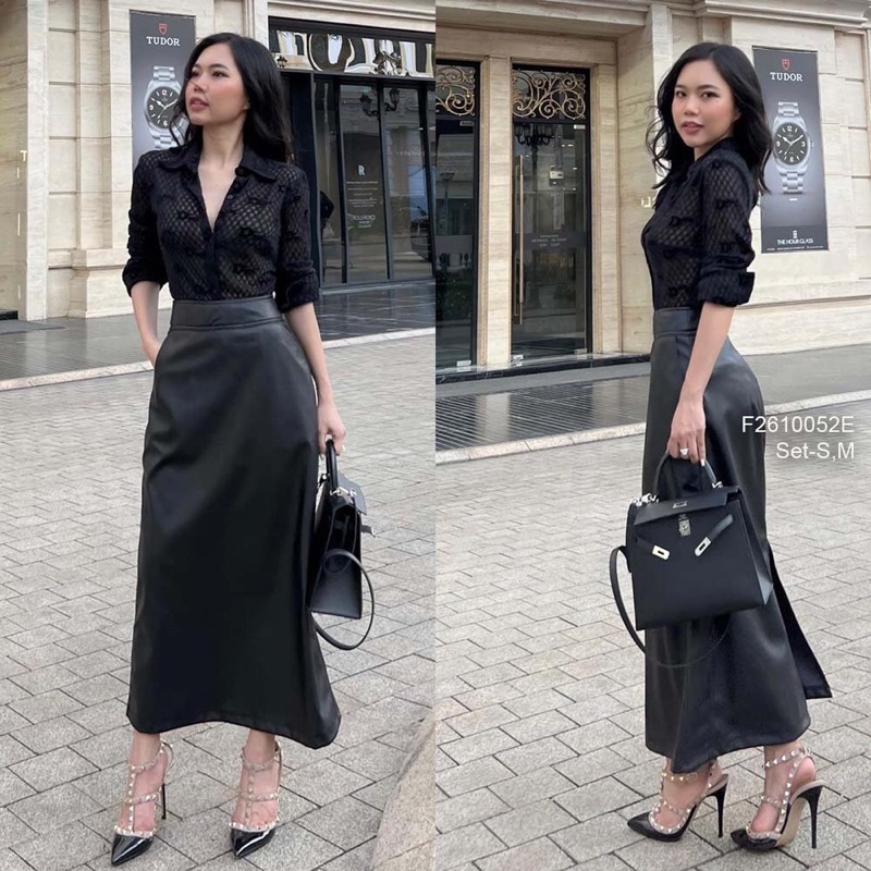 Set áo sơ mi ren kèm chân váy da xẻ tà chuẩn hình