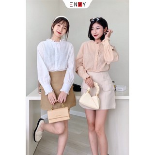 Áo sơ mi linen xếp li envy s145 bèo cổ dễ thương