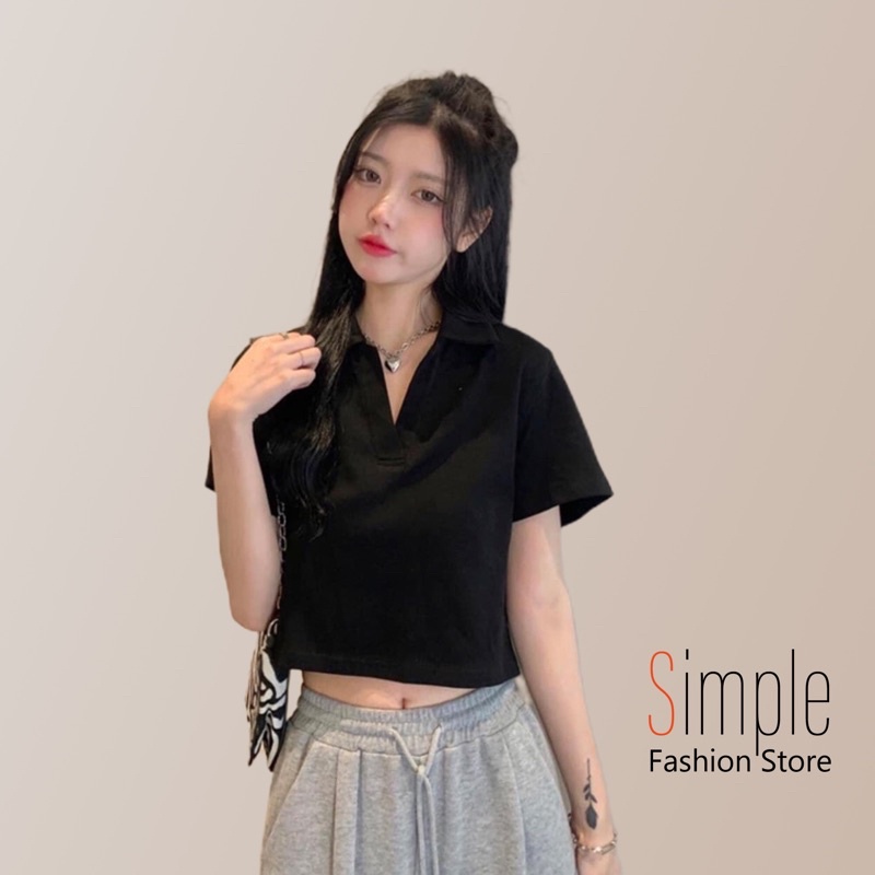Áo croptop có cổ polo V nữ dáng suông tay ngắn chất cotton Simple cao cấp màu đen trắng đi chơi, đi làm