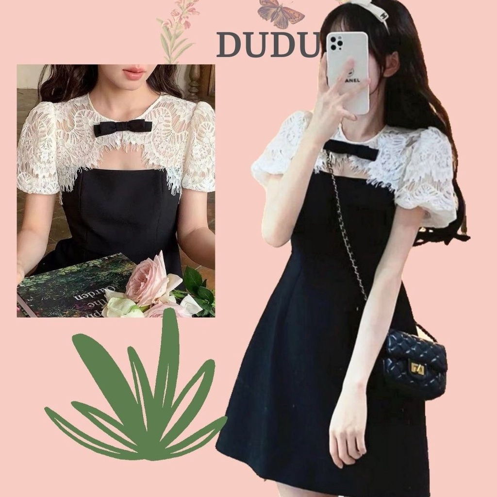 Váy ren tiểu thư liền thân nữ phong cách hàn quốc đầm màu đen phối ren trắng siêu xinh