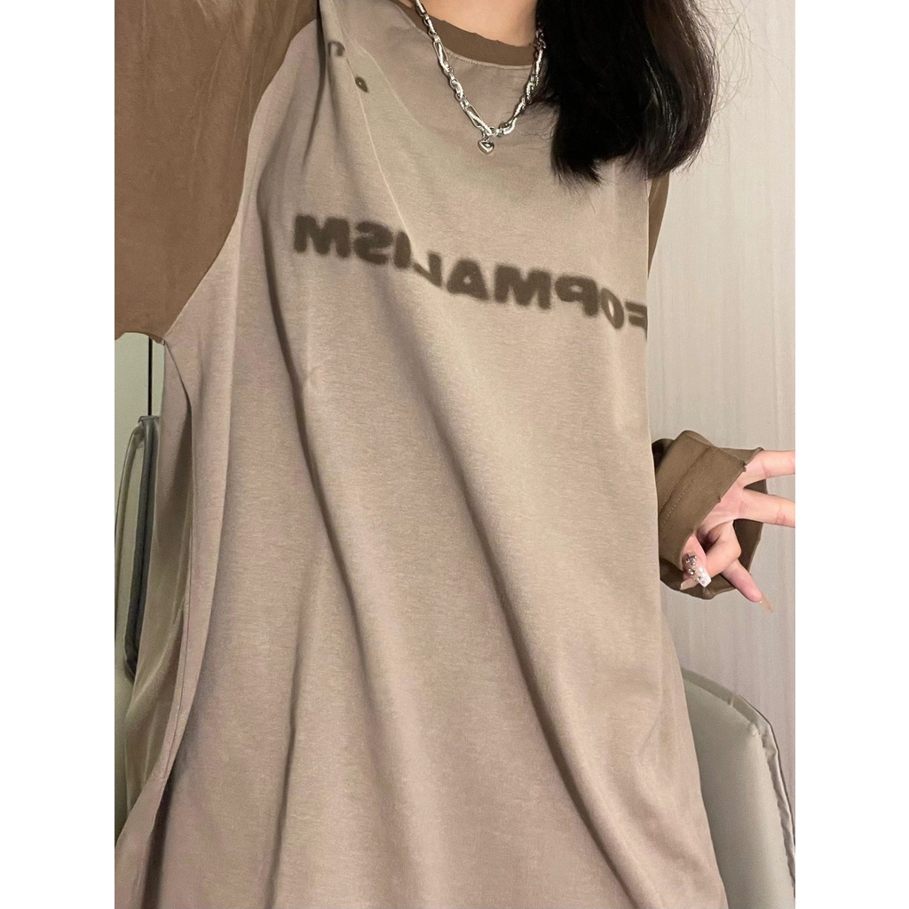 Áo Thun Tay Dài Dáng Rộng In Chữ Màu Sắc Tương Phản Phong Cách Vintage Dành Cho