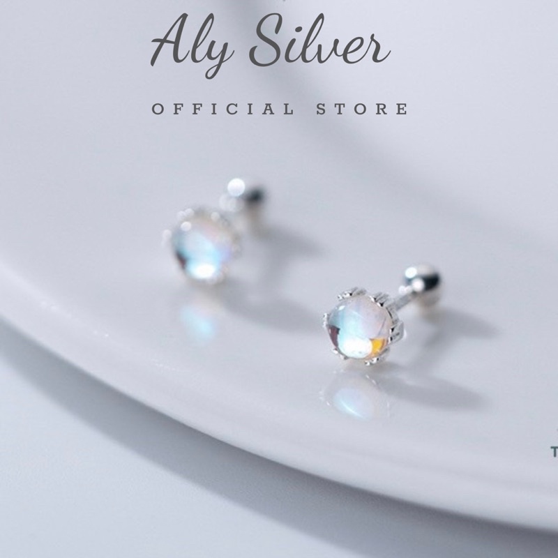 Khuyên tai bạc Moonstone-đá mặt trăng Aly Silver, bông tai bạc chốt ren vặn