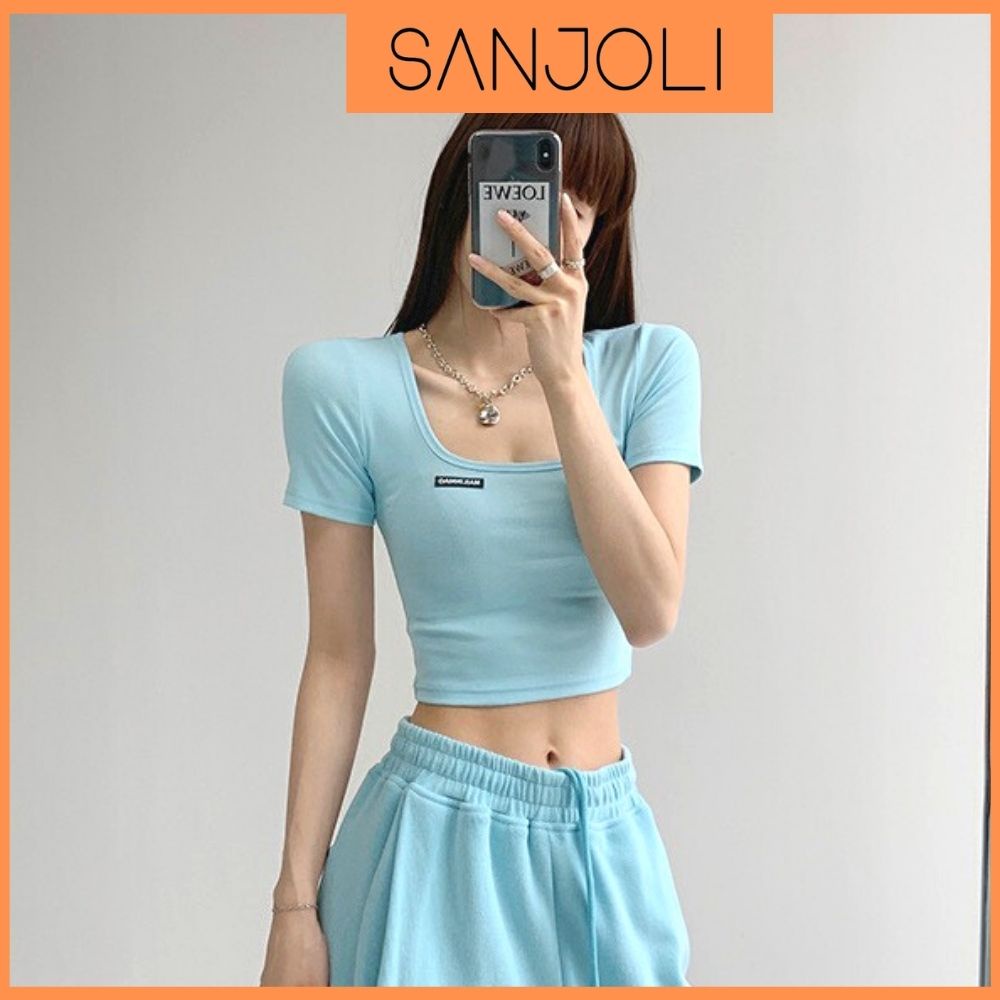 Áo Croptop Kiểu Nữ SANJOLI Thiết Kế Cổ Vuông Form Tay Ngắn Ôm Body Sexy Chất Vải Len Gân Xinh Đẹp AO020