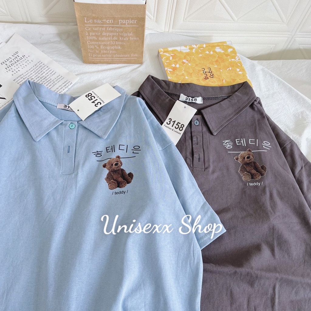 Áo Polo 3158  Form Rộng Unisex Chất Cotton Khô Loại 1, Thoáng Mát, Thấm Hút Mồ Hôi, in hình gấu siêu dương_UNISEXX SHOP