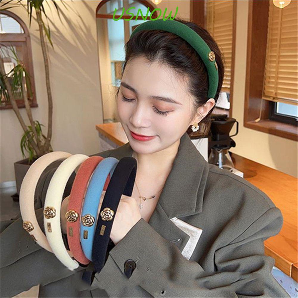 Băng Đô Cài Tóc Co Giãn Màu Trơn Đính Hoa Trà Thời Trang Cho Nữ