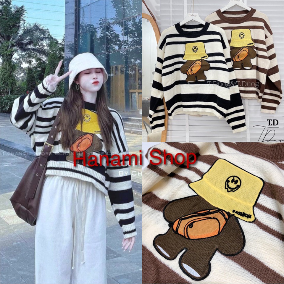 Áo Len Croptop Nữ Hình Gấu Đội Mũ Hàng Quảng Châu Loại1