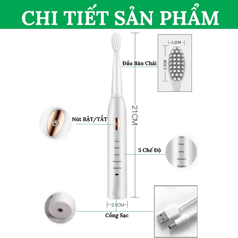 Bàn Chải Điện, Bàn Chải Đánh Răng Điện Tự Động 5 Chế Độ Thông Minh SONHOUSE - Tặng Kèm 3 Đầu Thay Thế