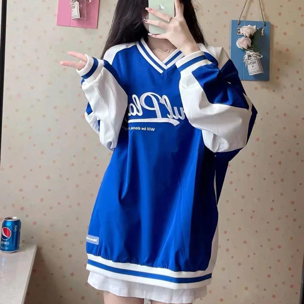 Jiashucheng Set Áo Nỉ Dài Tay Cổ Chữ V + Chân Váy Xòe Thời Trang Hàn Cho Nữ