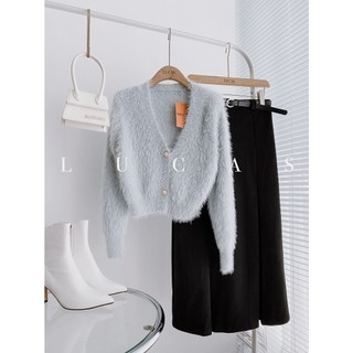 Áo cardigan len lông ghi cổ v tay dài 2 cúc to