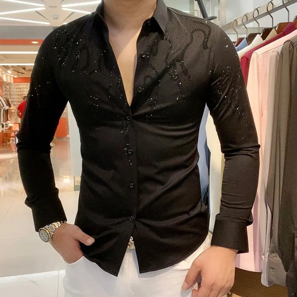 Áo Sơ Mi Nam Dài Tay Dáng Ôm Đính Kim Cương Công Nghiệp Nặng Thời Trang Xuân Thu