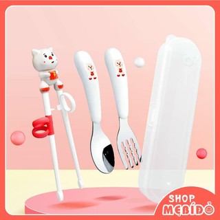 Set Thìa Đĩa Đũa Xỏ Ngón Tập Ăn Set Thìa Nĩa Đũa Tập Xúc Cao Cấp Hình Mèo Dễ Thương Cho Bé