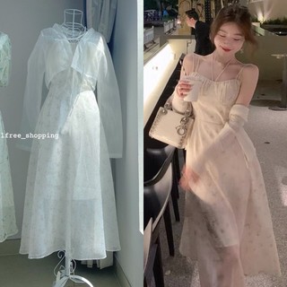 Set Áo + Váy Trắng Hoa Nhí Dài Công Chúa 2 Dây 2 Lớp Kèm Mút Ngực Mặc Đi Tiệc Đi Chơi Kỷ Yếu (Hình Thật)