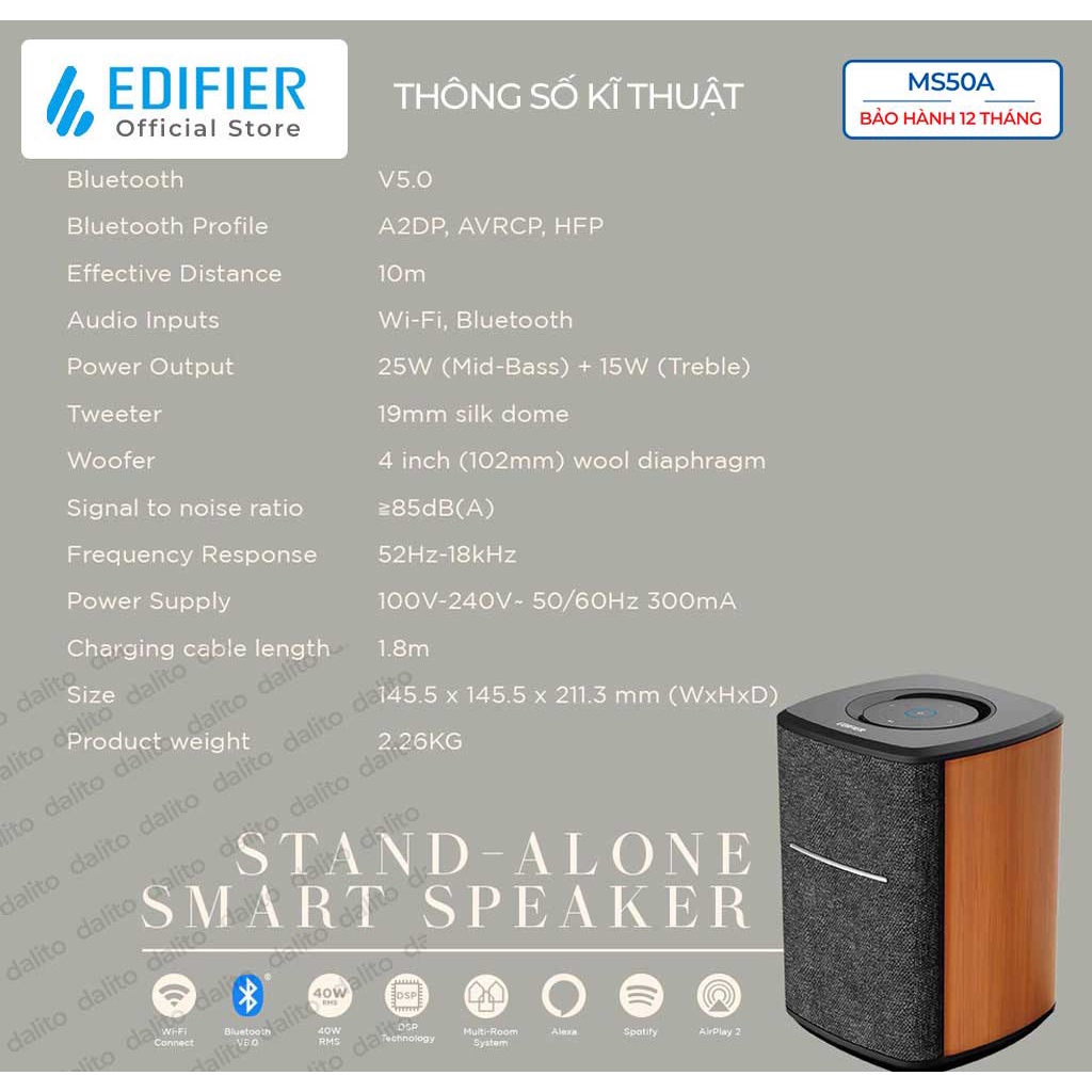 Loa Bluetooth 5.0 EDIFIER MS50A kết nối máy tính iPhone iPad qua AirPlay và Wifi Alexa Công suất 40W Hãng chính hãng