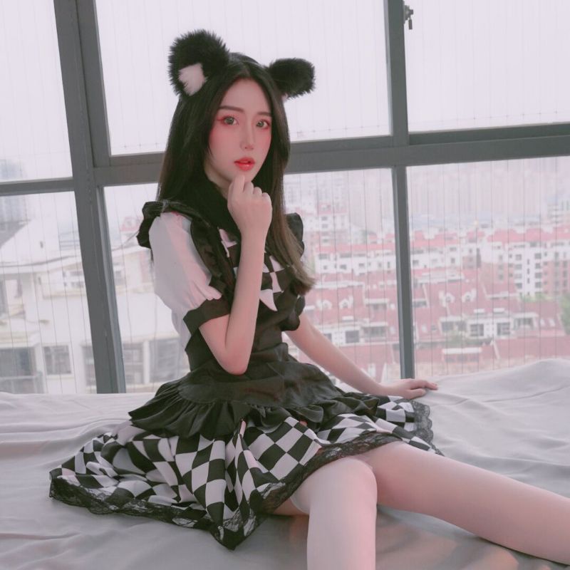 [CÓ SẴN]_Bộ đầm Lolita maid ngắn người hầu kẻ caro đen trắng