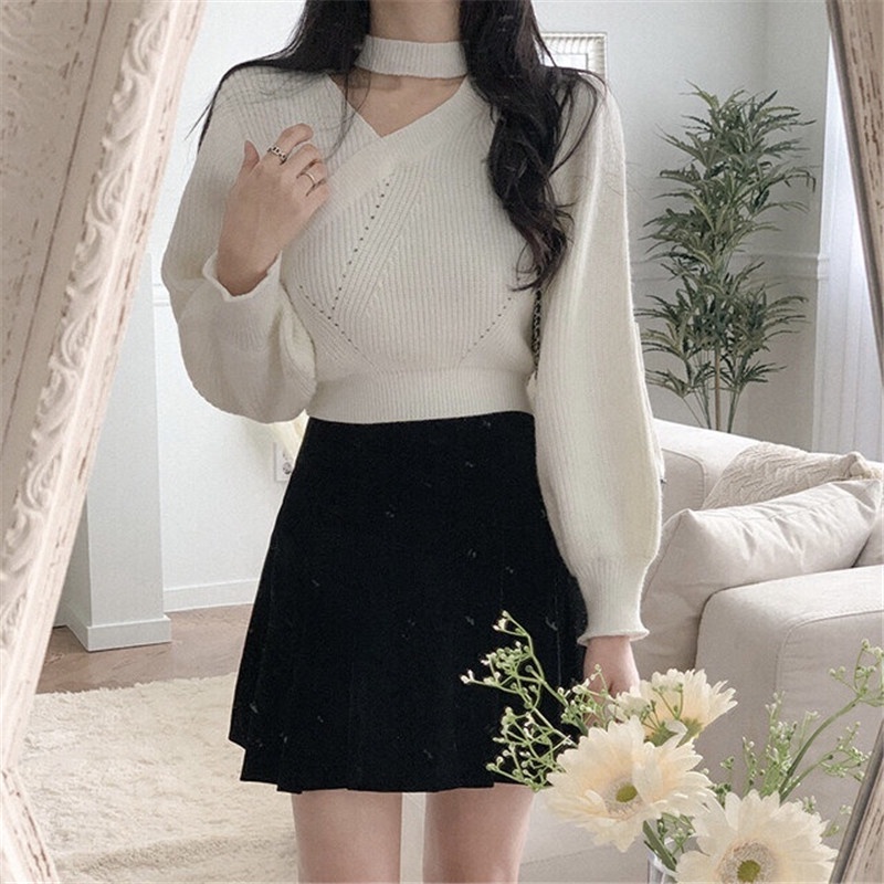 Áo dệt kim SUXI dài tay cổ chữ V trễ vai gợi cảm cho nữ