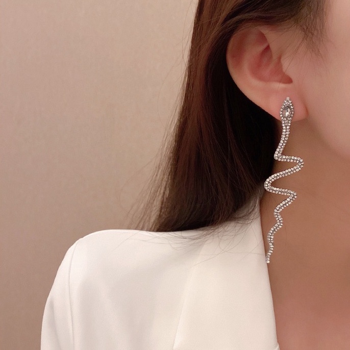 Bông Tai Mạ Bạc 925 Dáng Dài Hình Rắn Đính Kim Cương Phong Cách retro Thời Trang