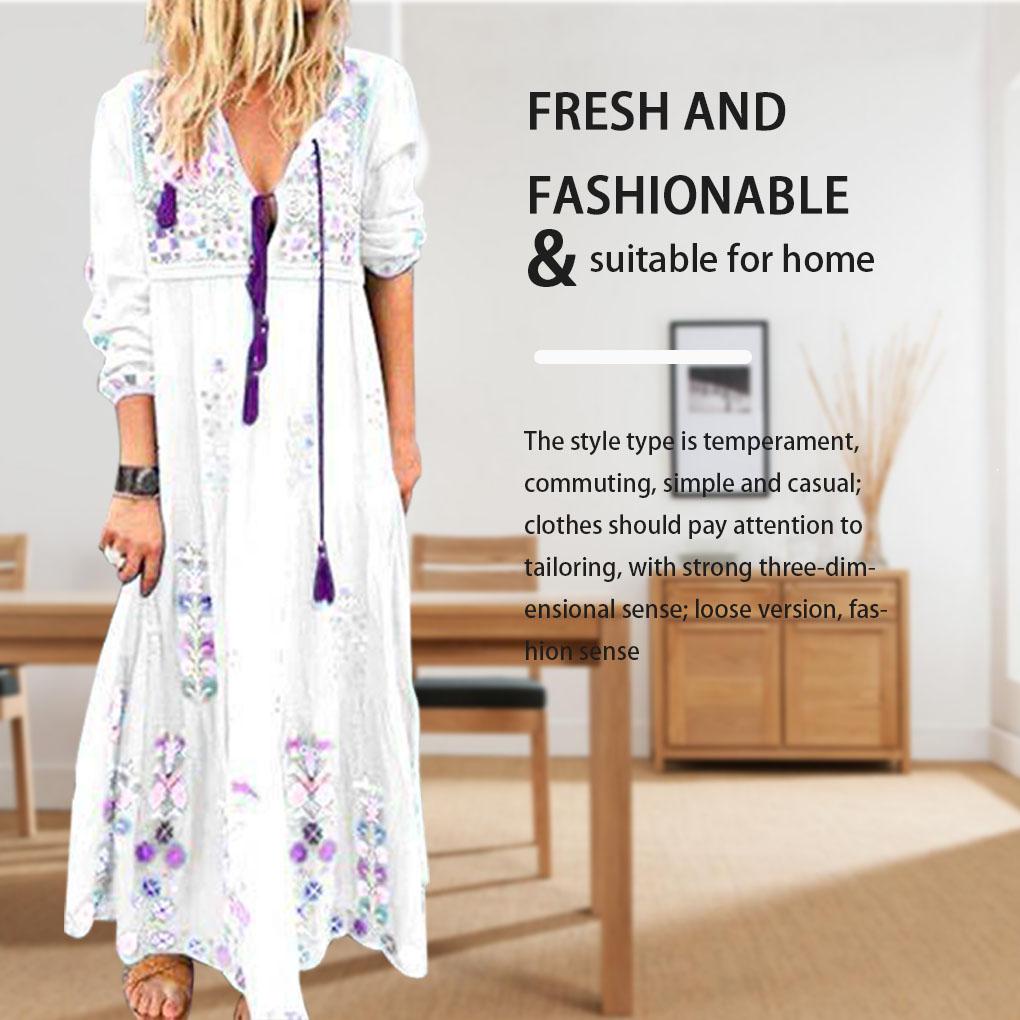 Đầm Maxi Tay Dài Cổ Chữ V Rút Dây In Họa Tiết Phong Cách Bohemian