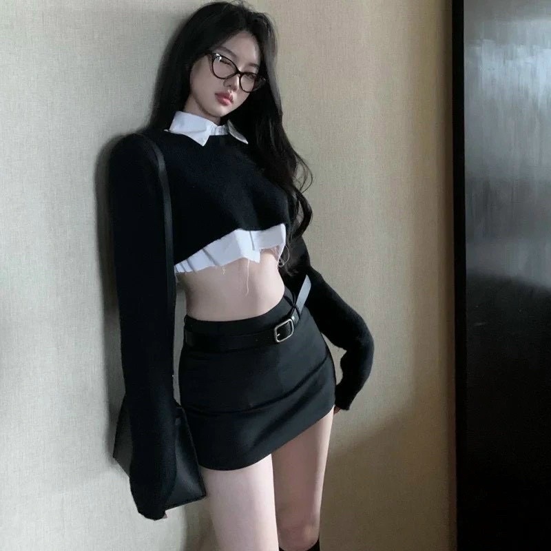 SET 4 MÓN ĐEN: CROP SƠ MI TRẮNG KÈM KHOÁC CROP ĐEN TD + CHÂN VÁY KÈM NỊT 🖤🖤🖤