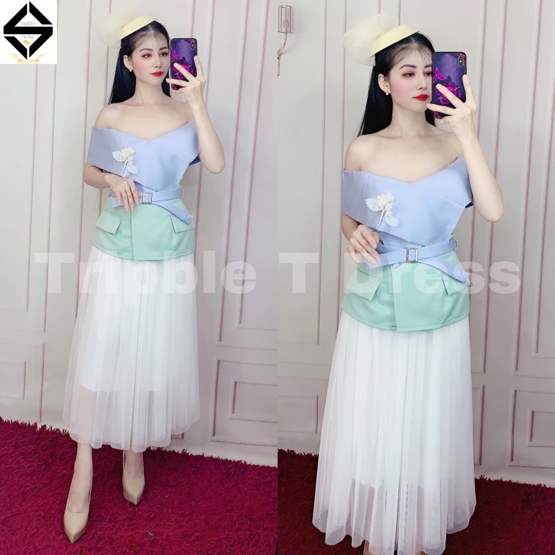 Sét đầm xoè dự tiệc bẹt vai + CV 3 lớp + nịt eo và hoa cài - size S/M/L - MS241Y