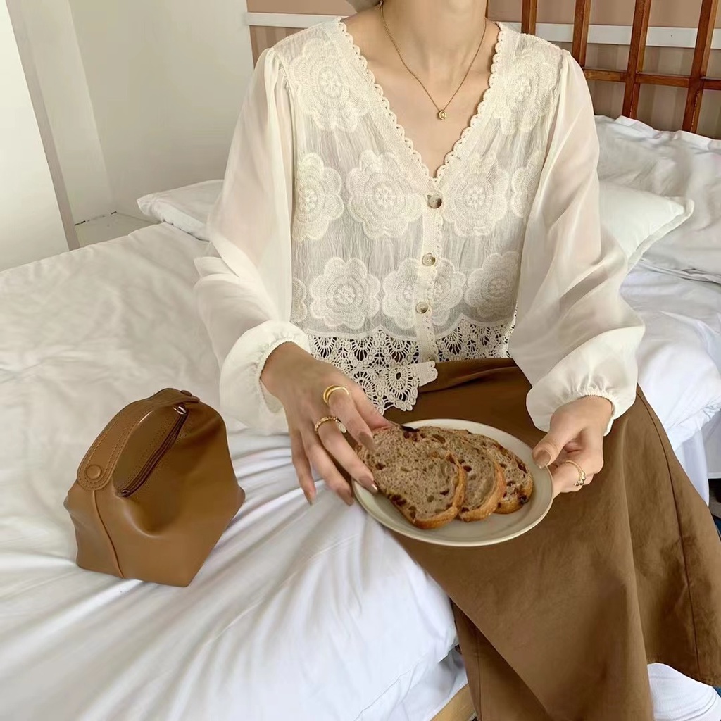 SUXI Áo Sơ Mi Cổ Chữ V Màu Sắc Trơn Phong Cách Vintage Hàn Quốc Thời Trang Mùa Thu Cho Nữ