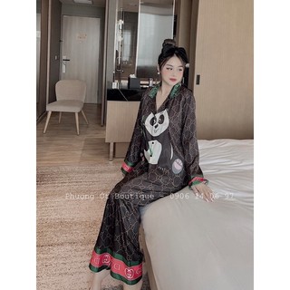 Sét đồ ngủ lụa xước gấu trúc tay dài- chất lụa mịn mát
