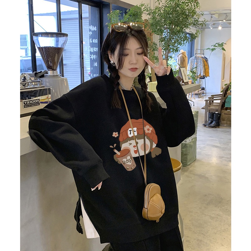 Áo Sweater Cổ Tròn Lót Lông Cừu Màu Xám Phong Cách Hàn Quốc Thời Trang Cho Nữ