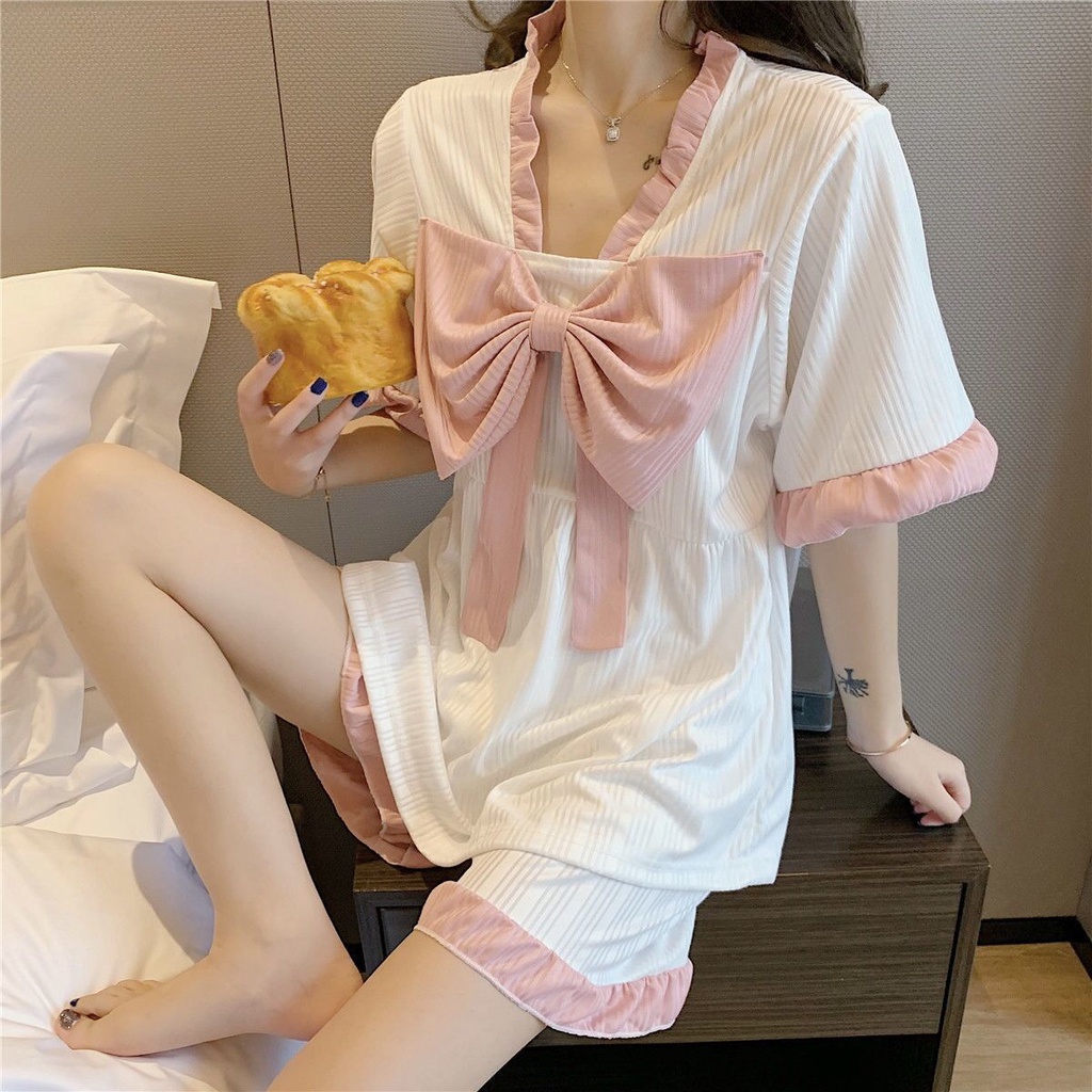 Bộ Đồ Ngủ Tay Ngắn Đính Nơ Phong Cách Công Chúa Dễ Thương Thời Trang Mùa Hè Cho Nữ