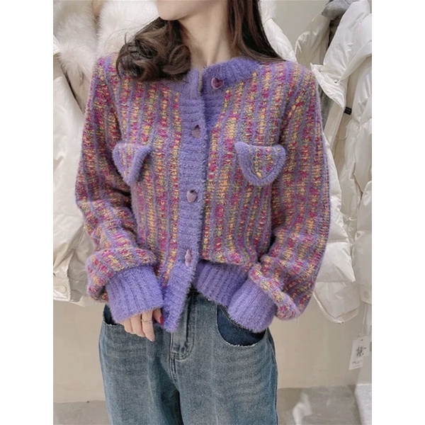 Áo khoác len tím phối màu ngọt ngào