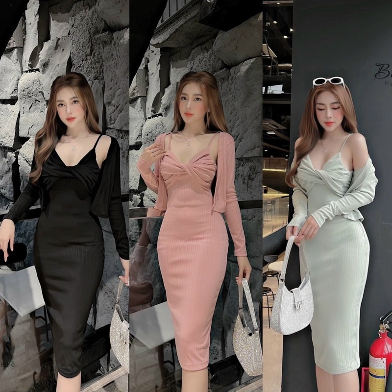 Sét áo khoác + đầm body xoắn ngực(đầm dài 90cm)