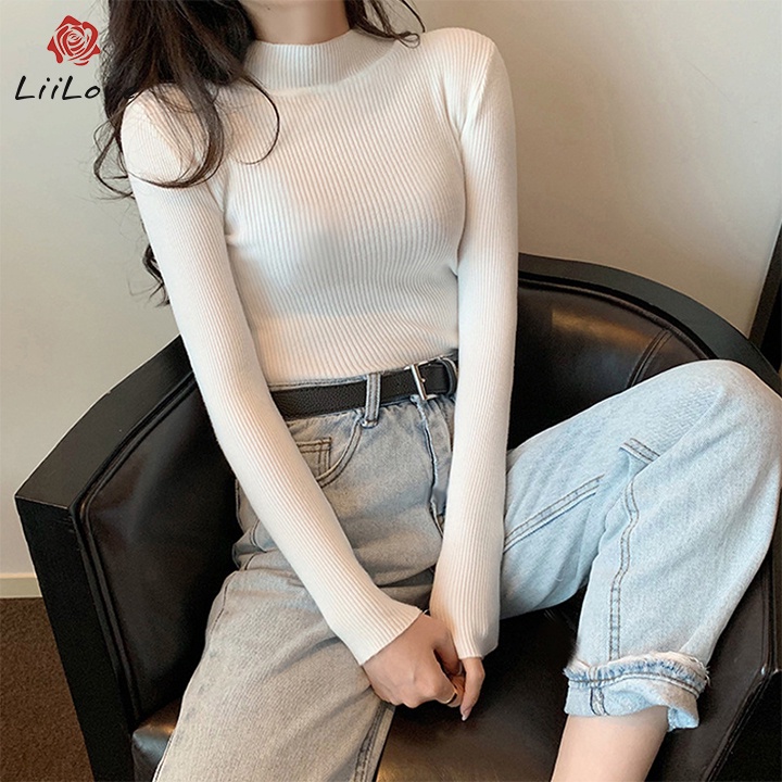 Áo len nữ dệt kim Hàn Quốc dài tay, áo len nữ cổ lọ mềm mịn thu đông dài tay cổ trung 3cm Liilove Shop LEN03