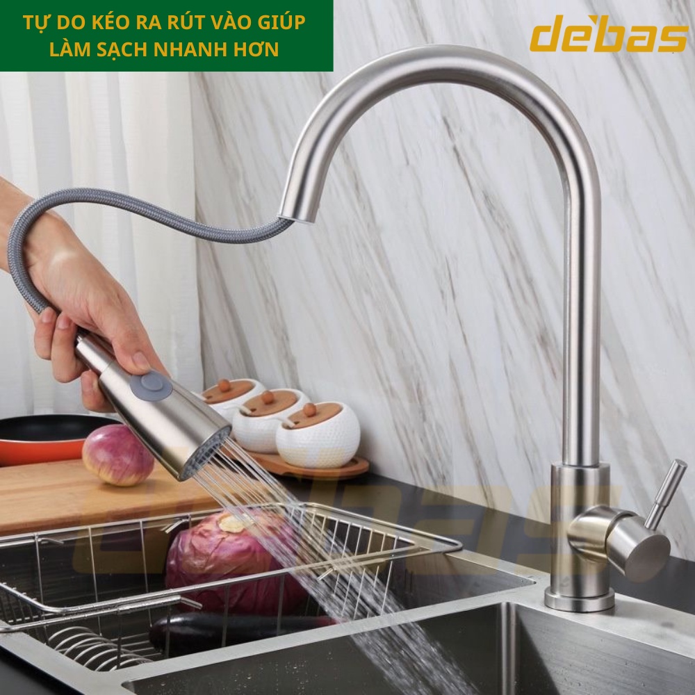 Vòi rửa chén bát dây rút inox 304 hàng đúc nặng cao cấp tặng dây cấp inox nóng lạnh Debas V7212 INOX