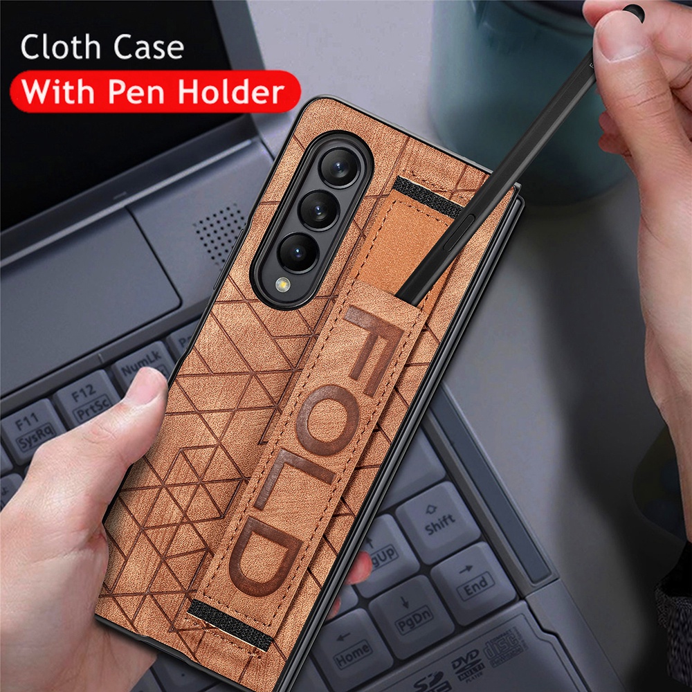 For Samsung Z Fold 4 5G Pen Slot Leather Case Wriststrap Shockproof Cover